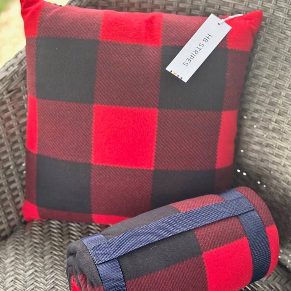 Bundle HBC STRIPES Buffalo Plaid Check COMBO Fleece THROW AND PILLOW. NWT.